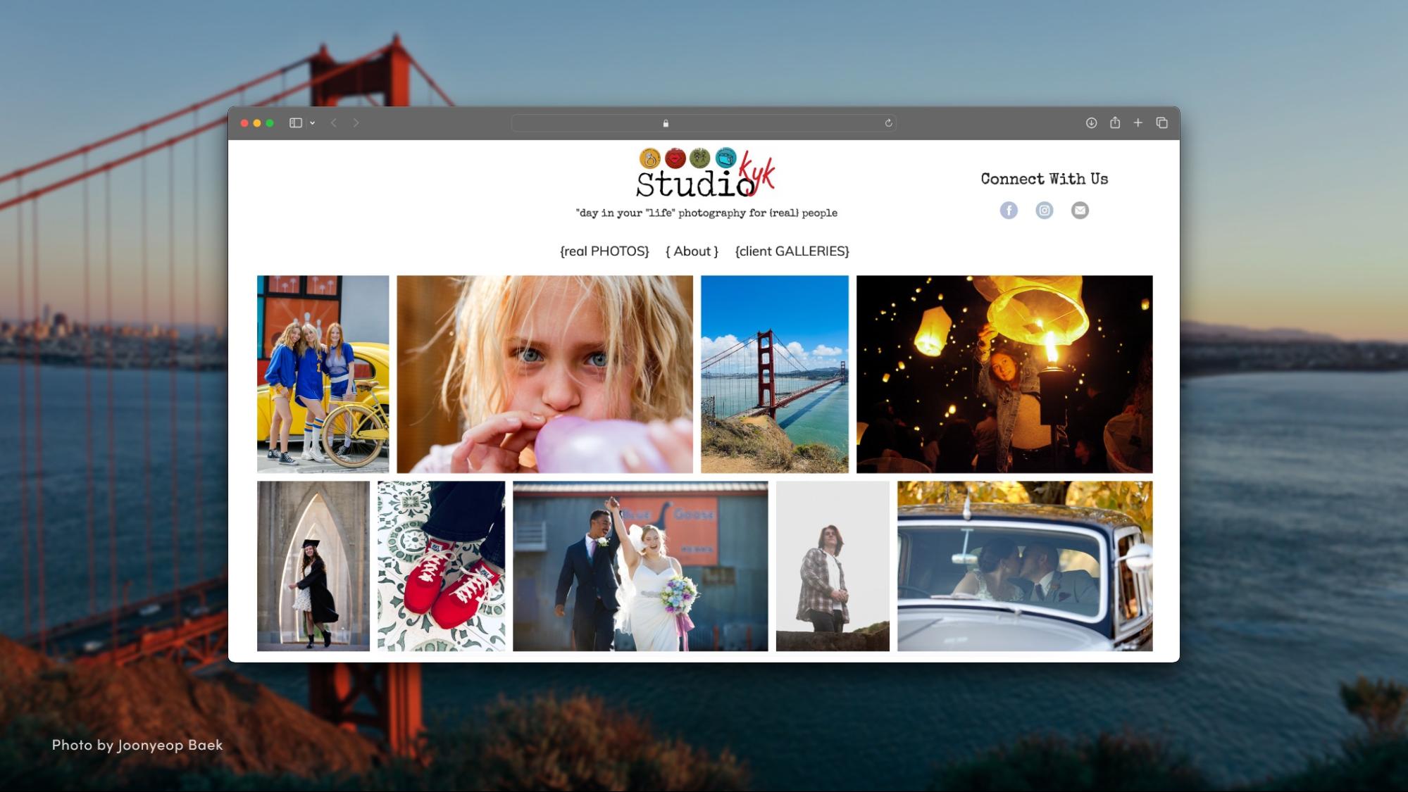 A photo of the Golden Gate Bridge overlaid with a custom website design.