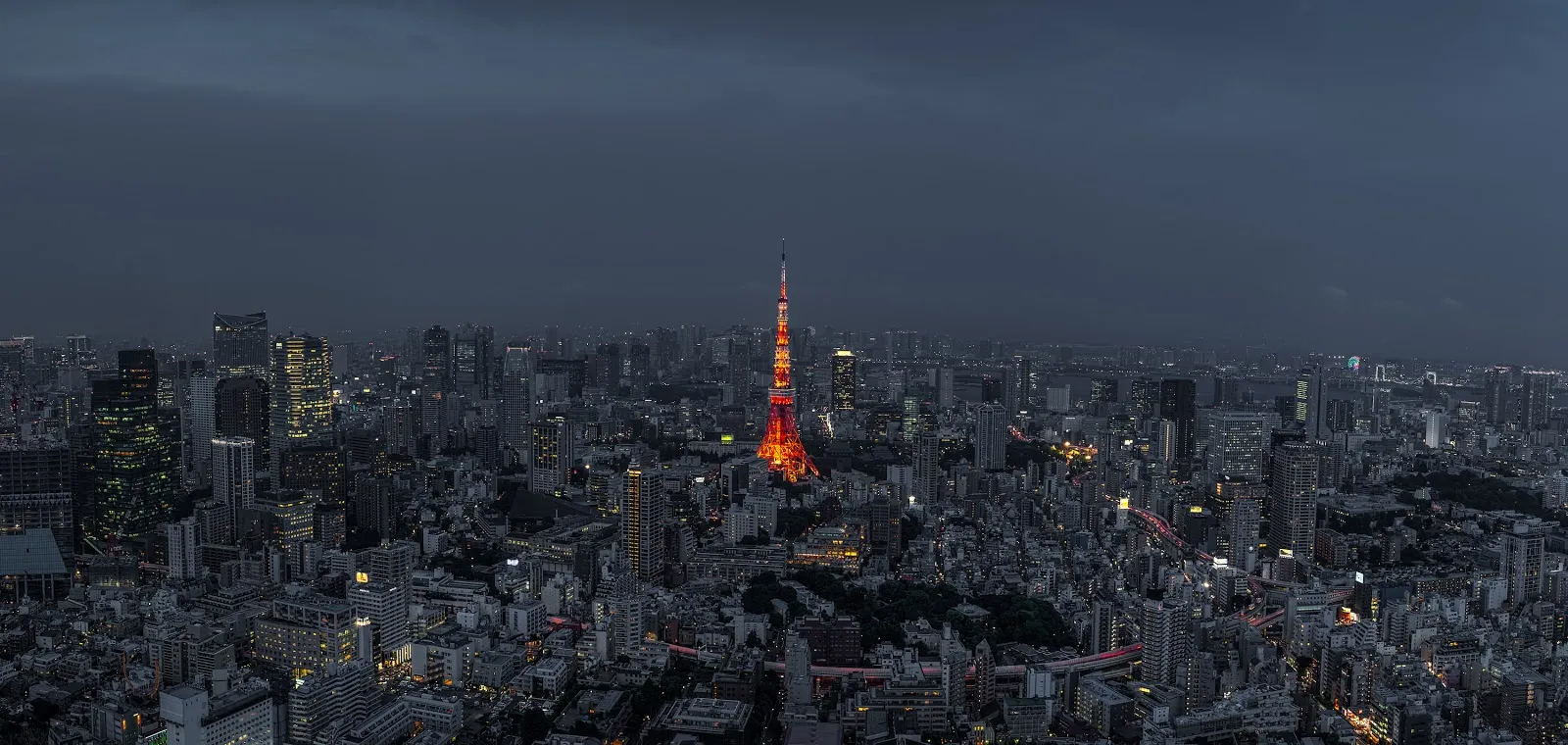 A view of the Tokyo skyline at night with the Tokyo Tower lit up.